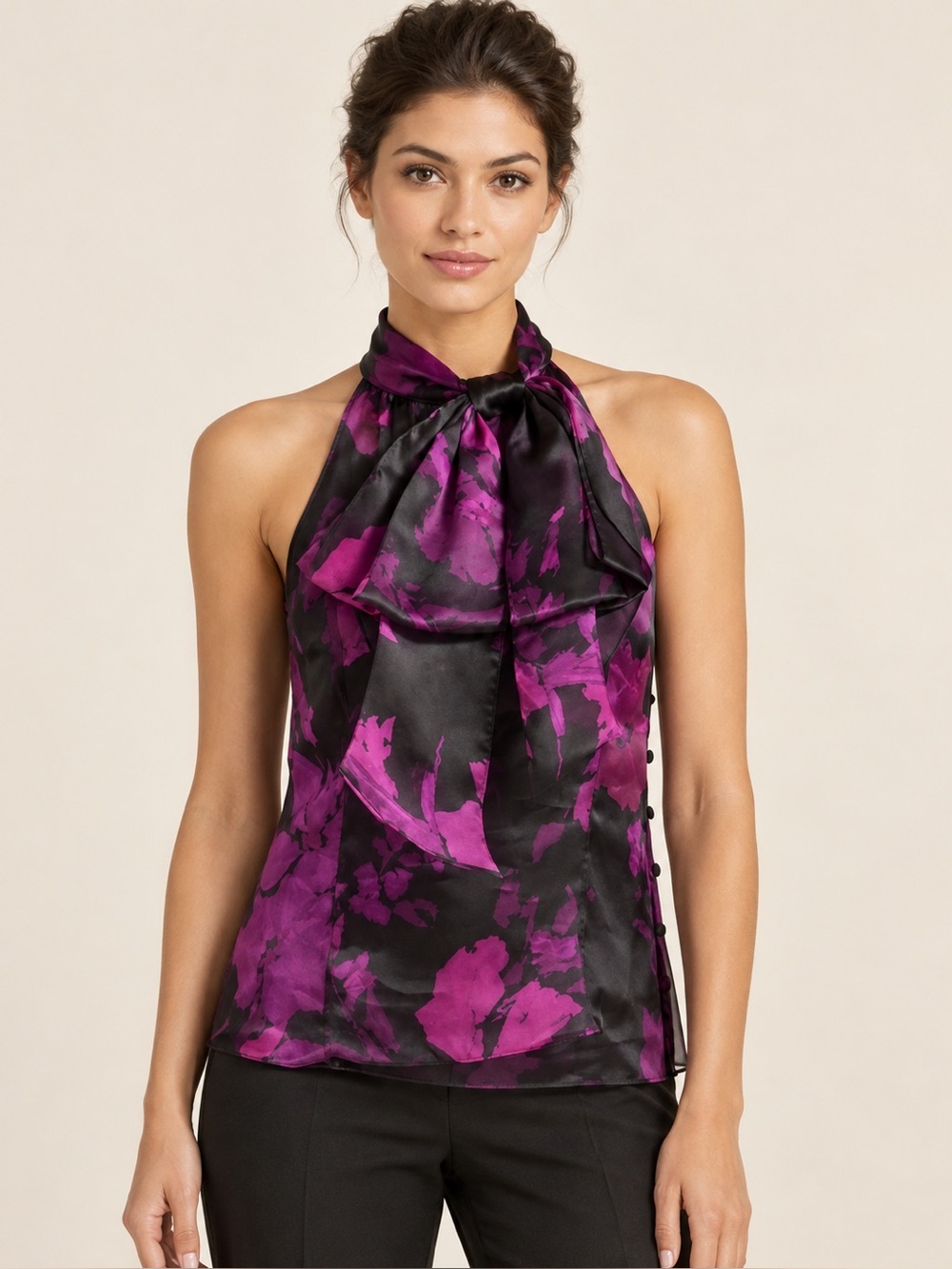Milly Top Floral Mirage Print Gwyneth Bow Halter in Magenta Sleeveless